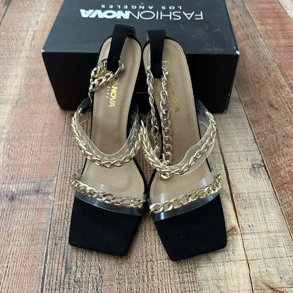 Fashion Nova Link Up With Me Heeled Sandal Dorado Black Size 8.5 - Picture 5 of 9